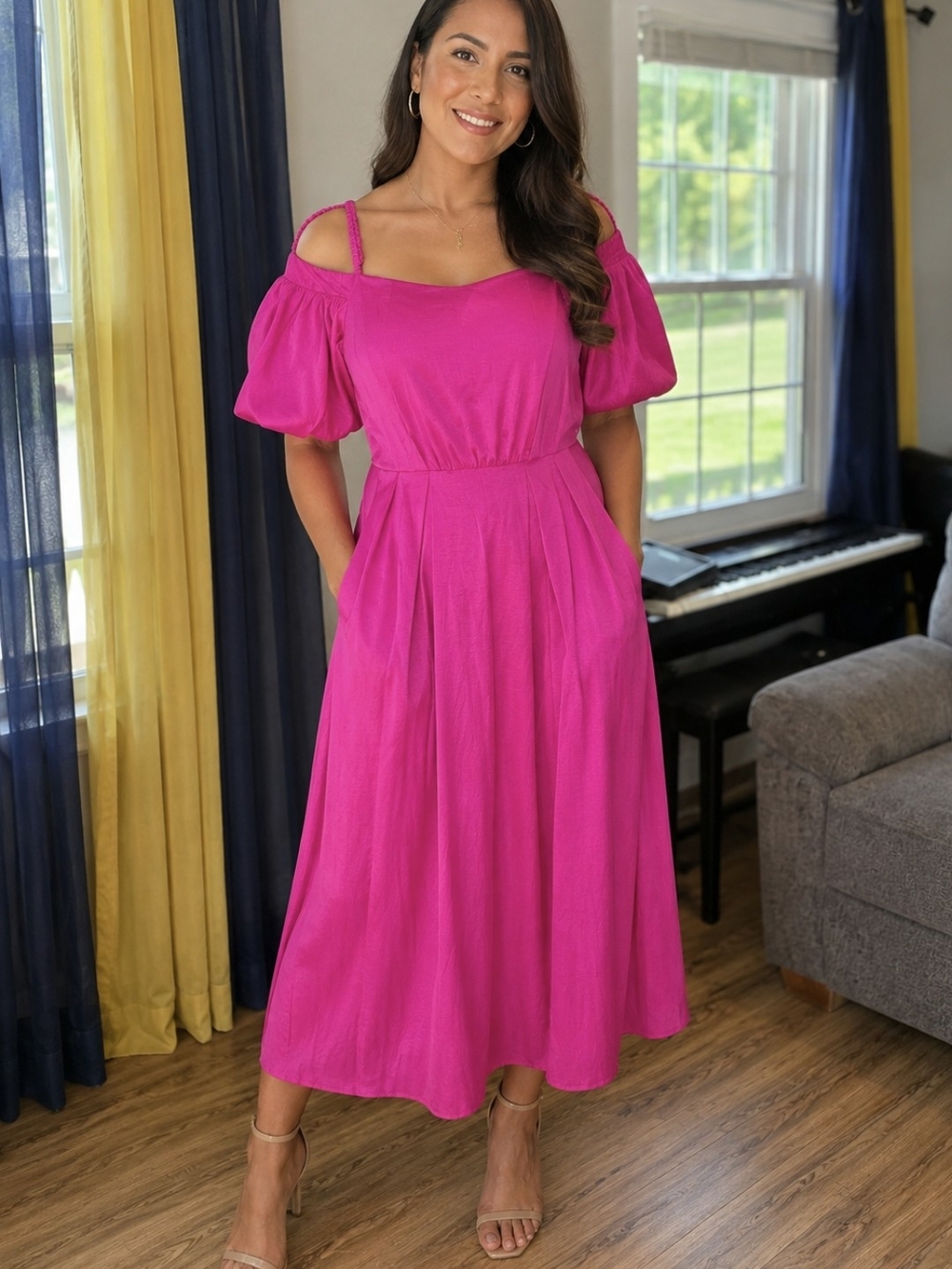 MARINA Off-Shoulder Midi Dress in Hot Pink